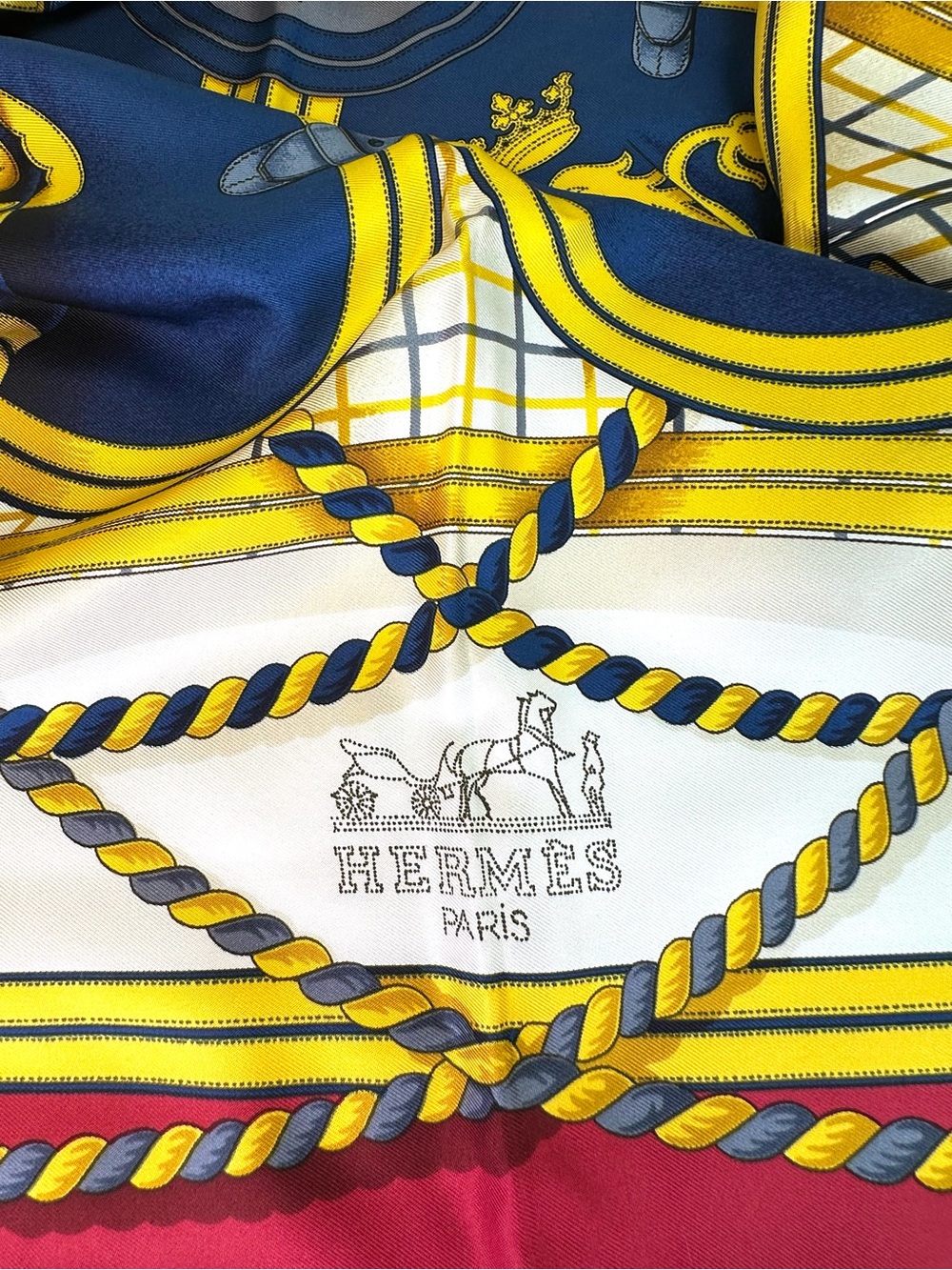 Hermes “Grande Tenue” silk twill scarf by Henri d’Origny Royal Blue & Red France - Picture 3 of 11
